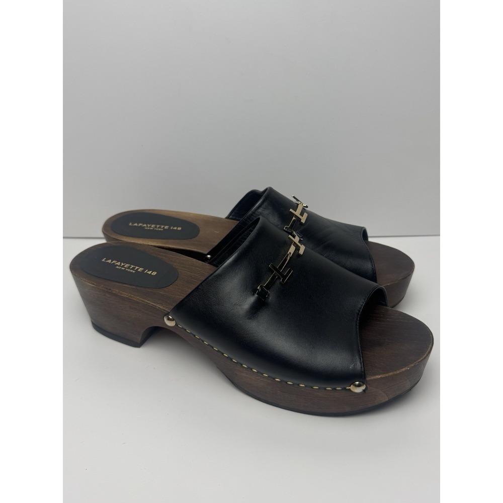 Lafayette 148 New York Leather Wood Slip On Slide Sandal Heels Sz EU 40 US 9